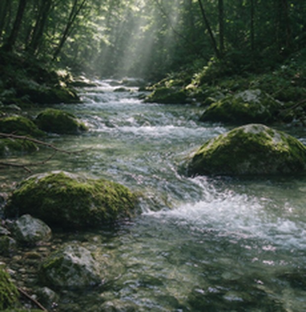 林间溪流：苔石与透光的浅滩