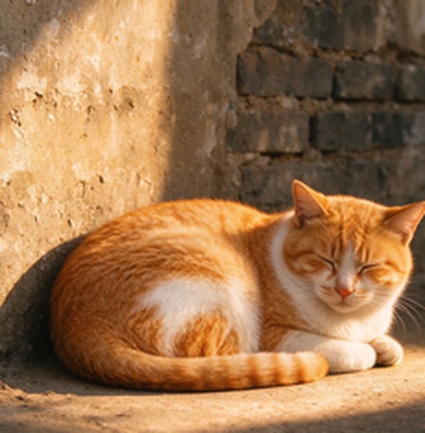 巷口晒太阳的橘猫